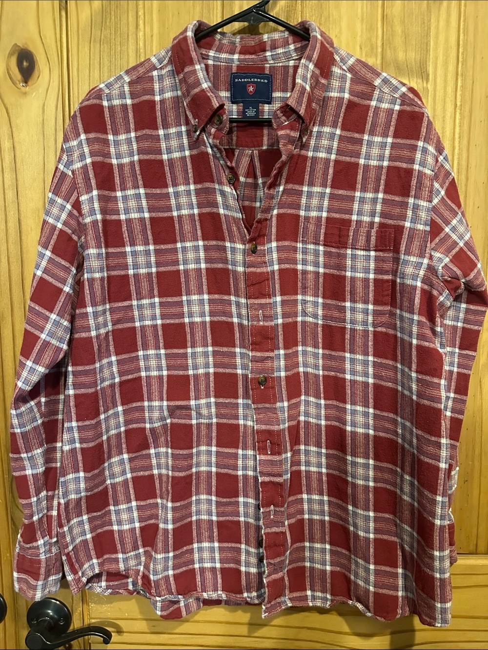 Saddlebred Red and White Plaid Button-Down Shirt with Chest Pocket